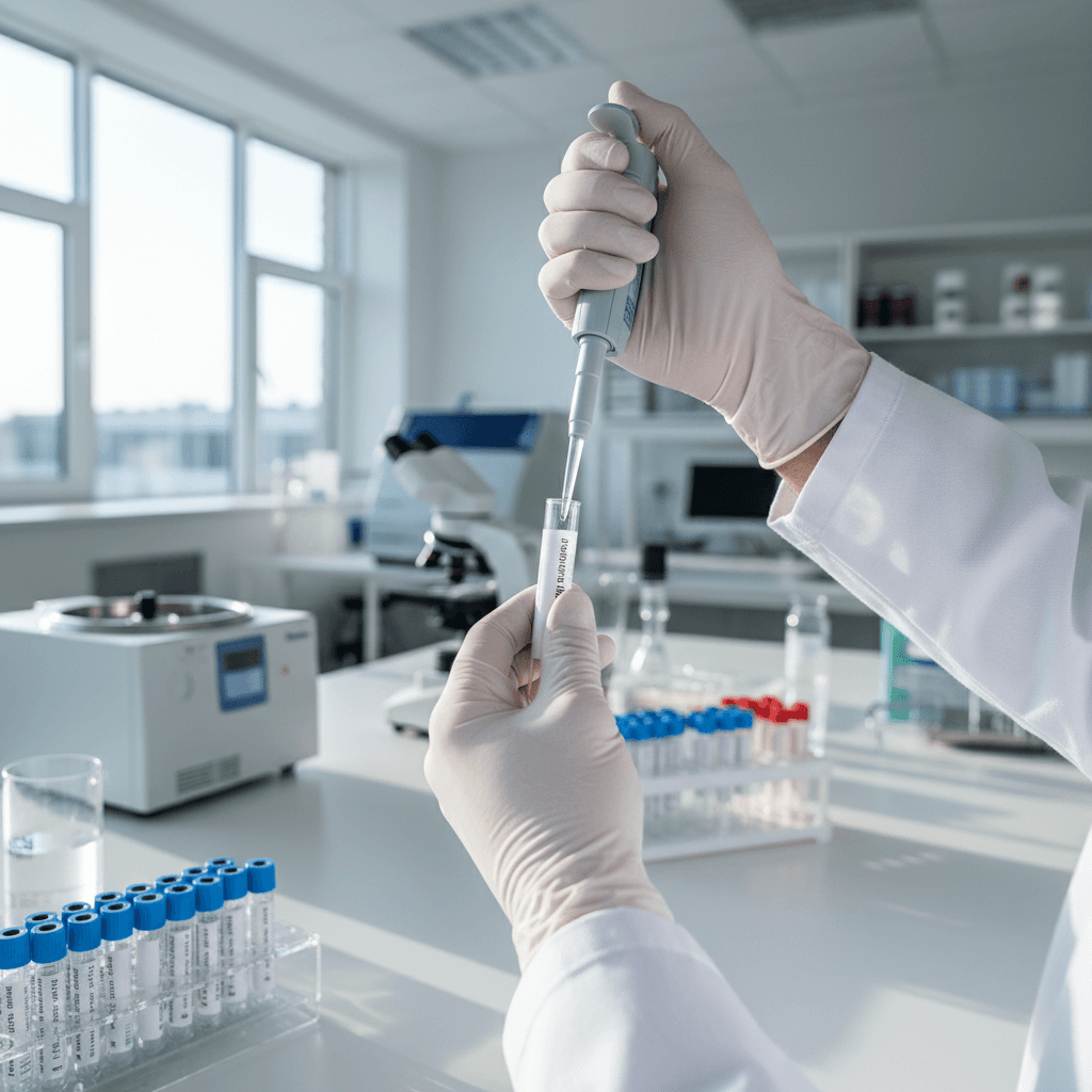 Scientist in a modern laboratory holding a glass vial with clear liquid