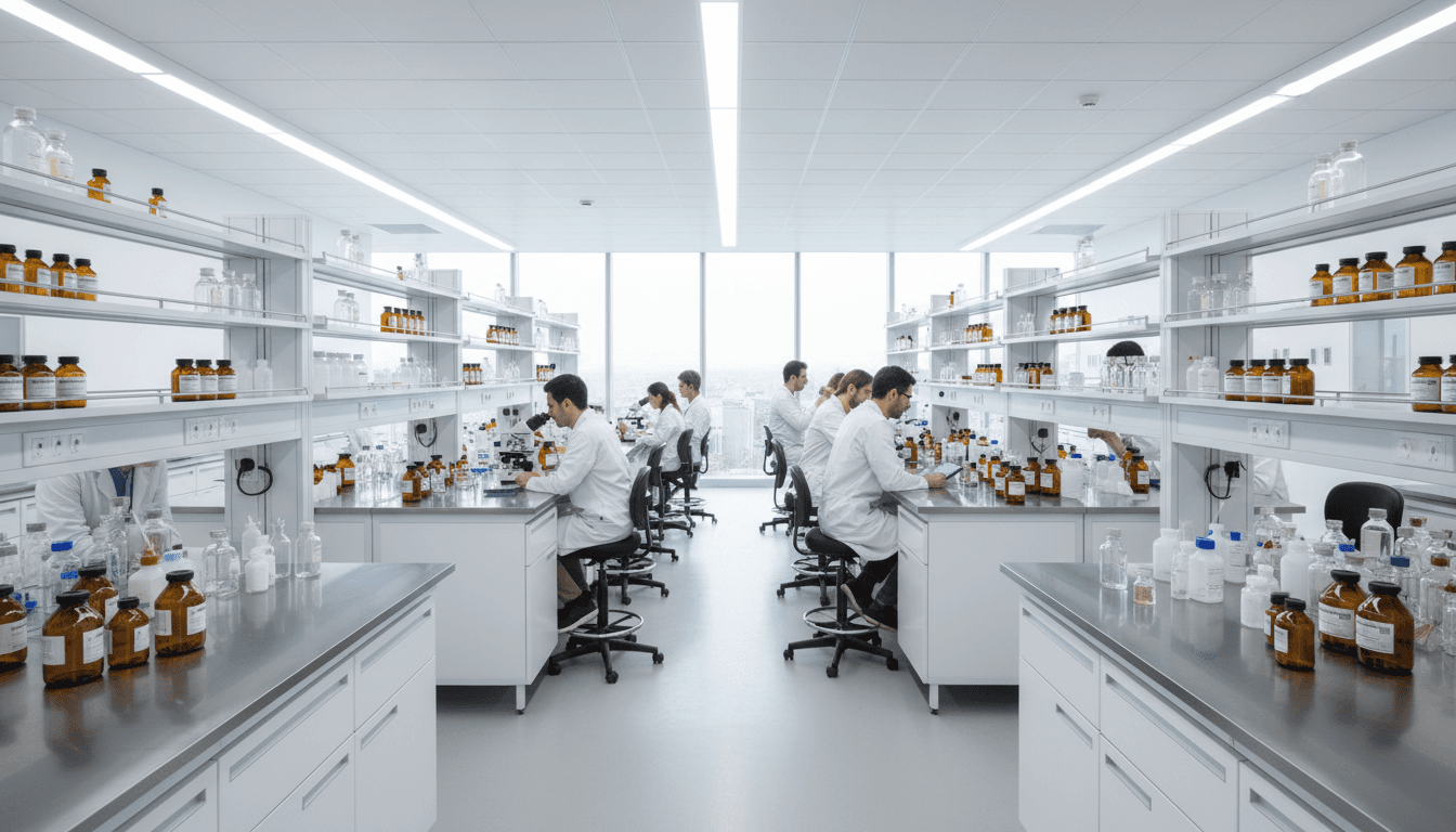 Modern pharmaceutical laboratory with scientists at work