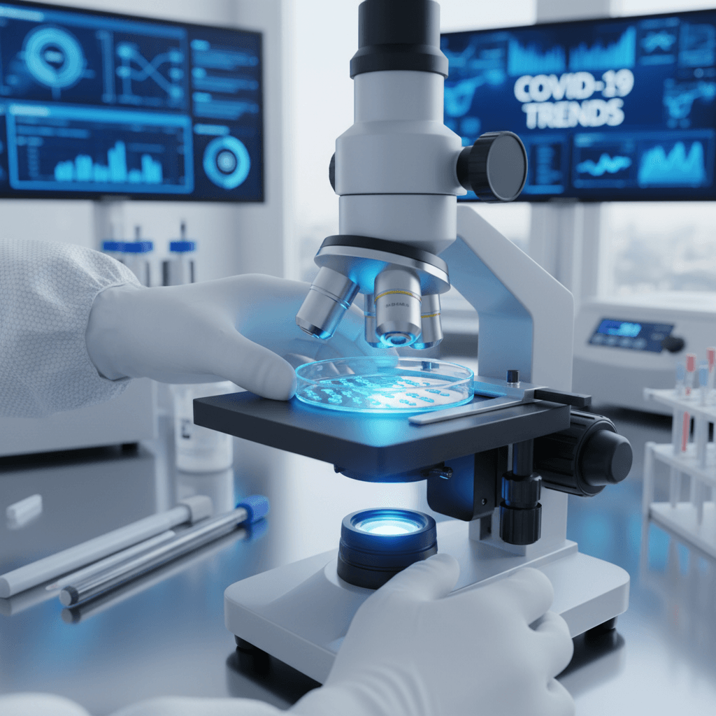 Close-up of regulatory documents with a lab bench and microscope behind