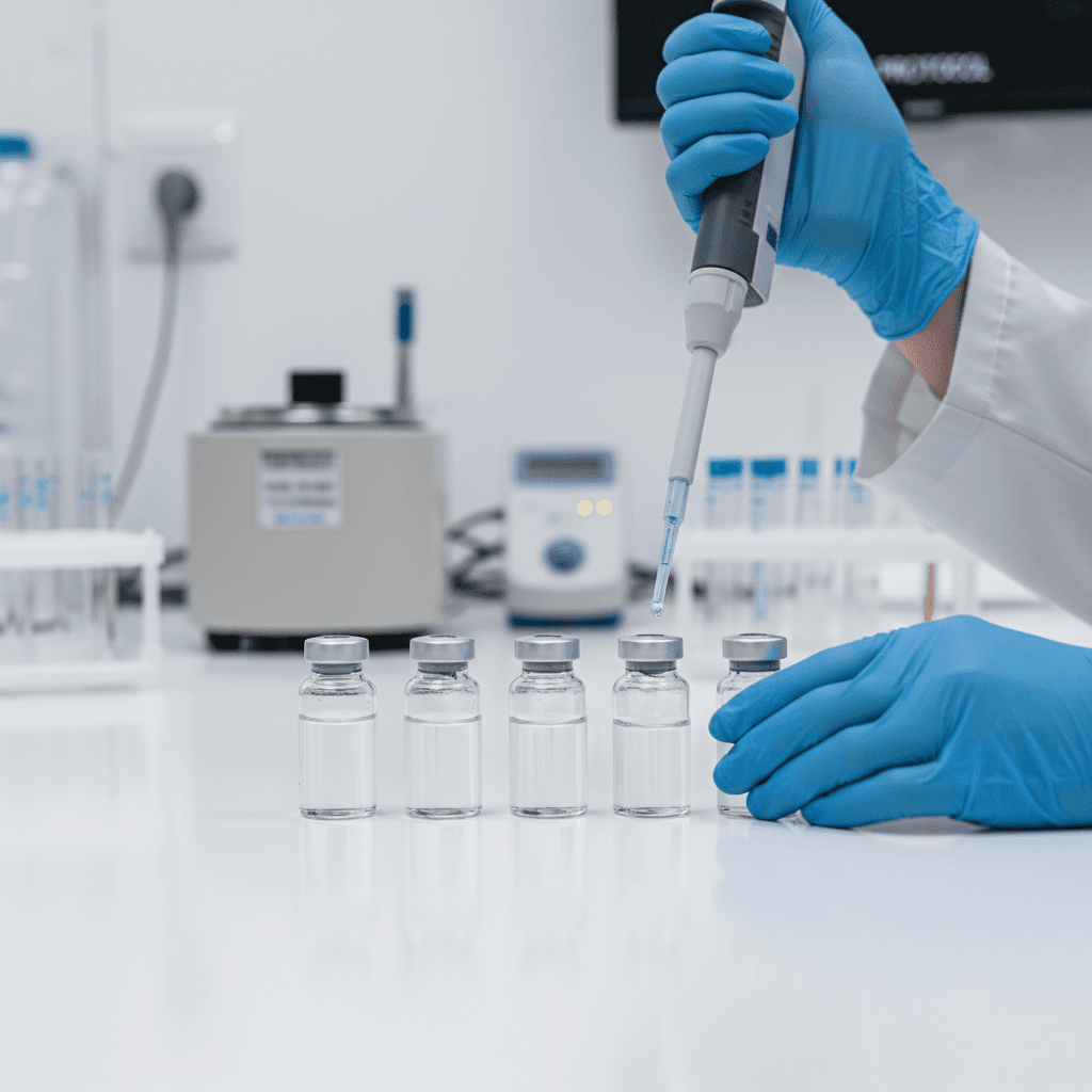 Pharmaceutical scientist in a clean modern laboratory examining formulation samples in glass containers