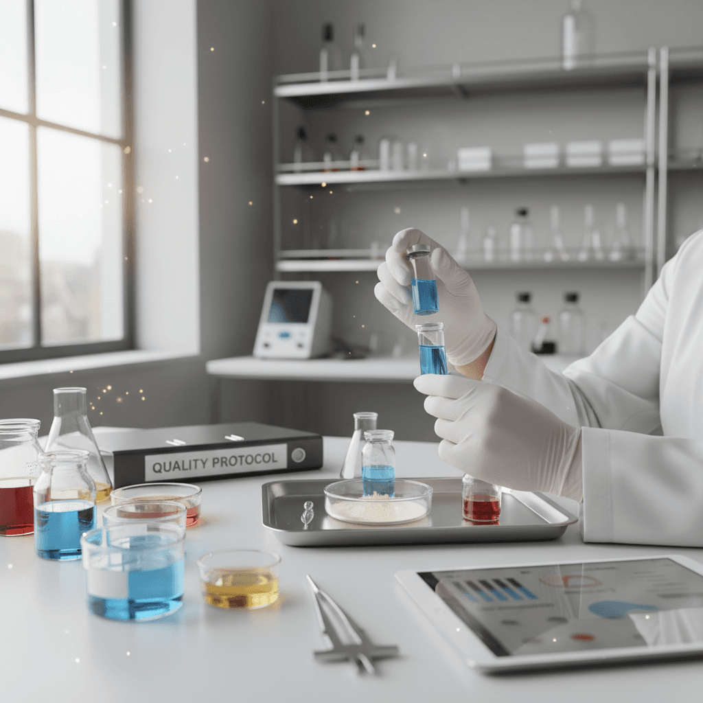 Scientist in white lab coat examining a formulation sample in a modern laboratory