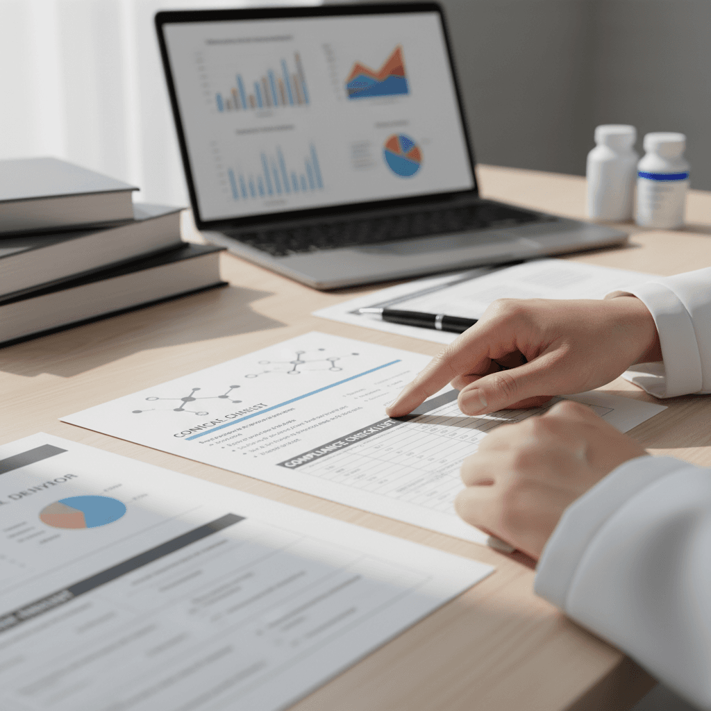 Professional reviewing formulation documents at a clean lab desk