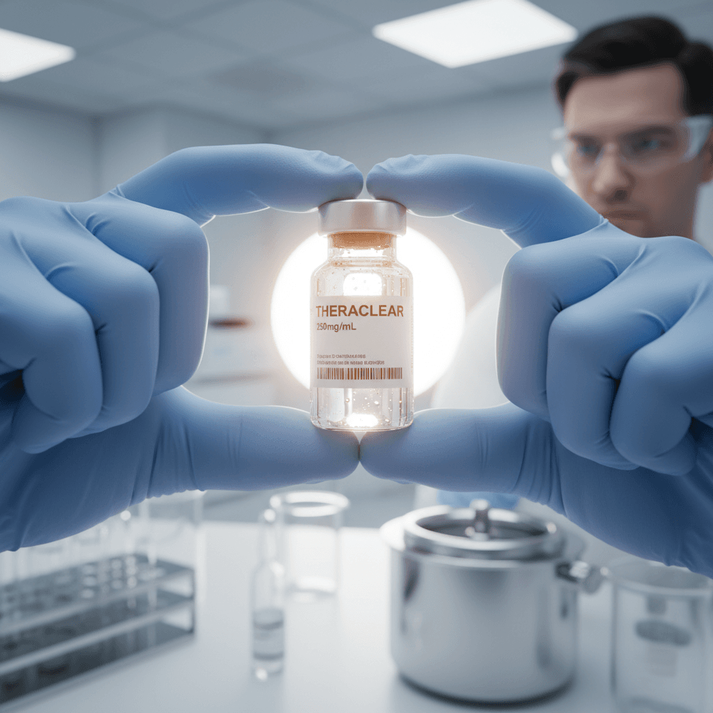 Scientist in white lab coat examining formulation samples in a modern laboratory